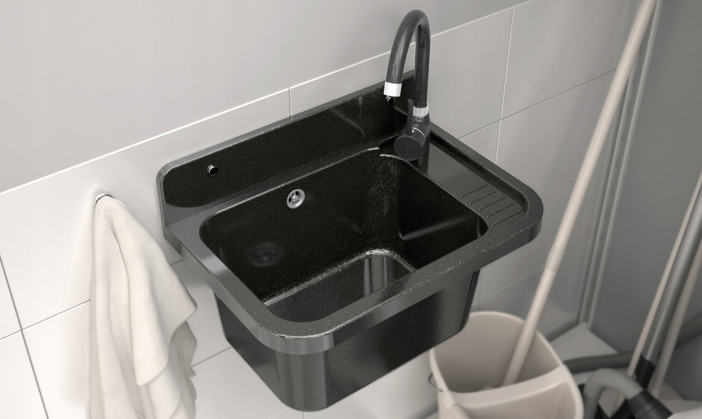 Verkstedvask Svart Marmor 50x34 cm med Kjøkkenbatteri og Sifon – Komplett Sett