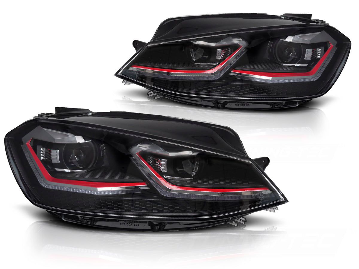 Frontlykter LED VW Golf 7 17-19 i rød sett rett forfra.