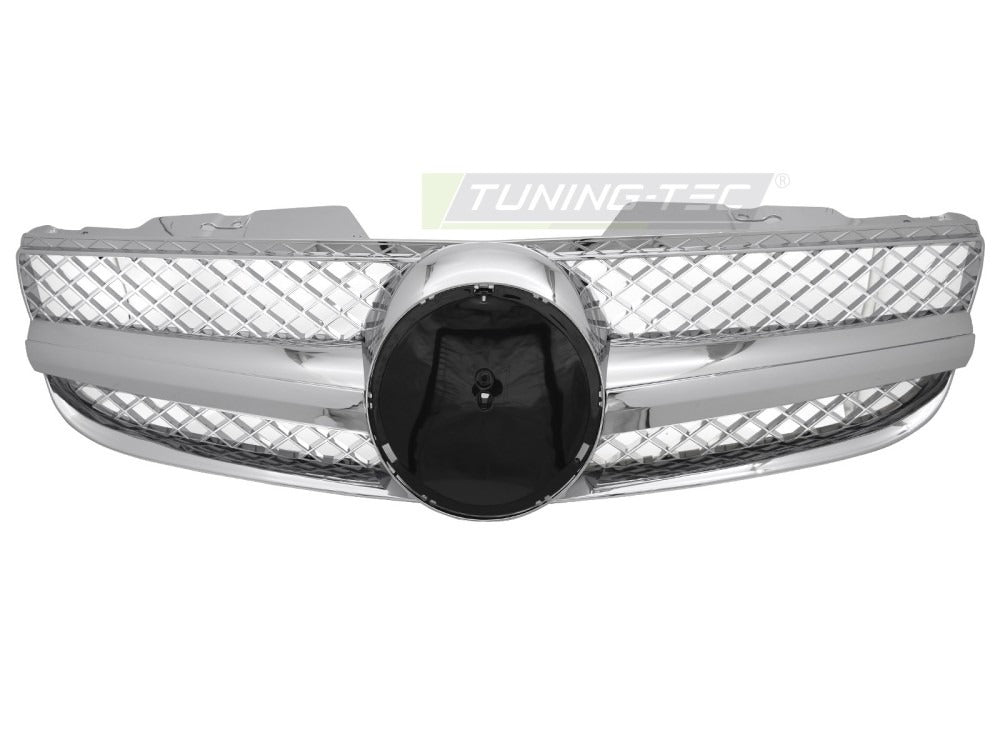 Detaljbilde av Grill Mercedes SL R230 06-11 krom med lamellstruktur og emblemfeste.