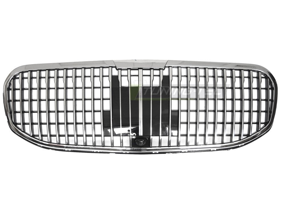 Detaljbilde av Grill Mercedes GLS X167 19-23 med blank sort/krom finish.
