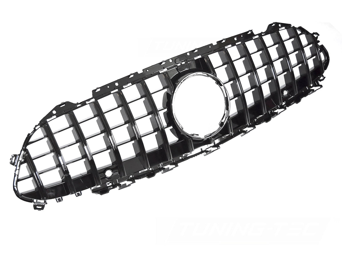 Grill til Mercedes CLS C257 18-23 i blank sort sett rett forfra på hvit bakgrunn.