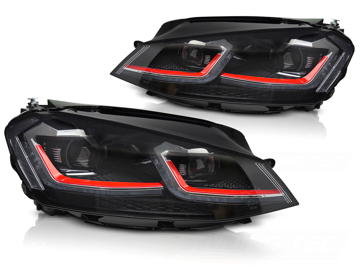 Frontlykter Full LED Red Sequential DRL til VW Golf VII 13-17 sett rett forfra på hvit bakgrunn.