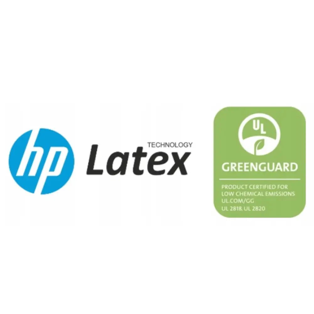 Logo for hp Latex Technology i blått og UL GREENGUARD-sertifiseringsmerke i grønt på hvit bakgrunn.