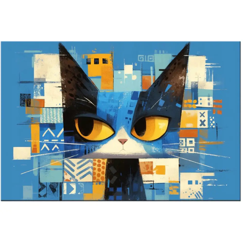 Abstrakt katt lerretsbilde 120x80 cm, frontmotiv med store gule øyne i blå, oransje og hvite former.