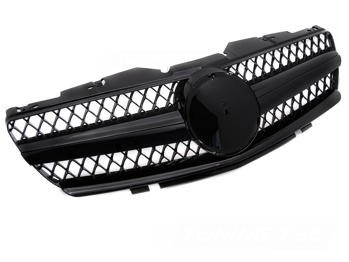 Grill til Mercedes SL R230 01-06 i sort sett rett forfra på hvit bakgrunn.