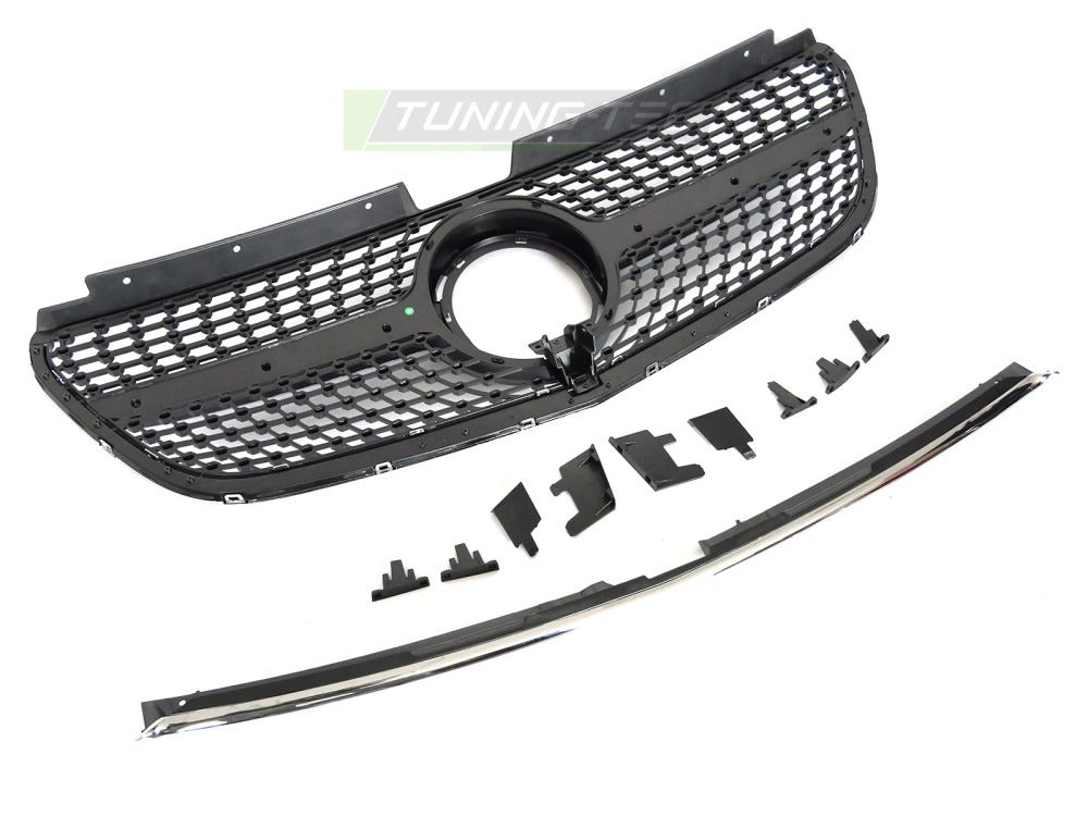 Grill Mercedes Vito W447 19-23 sort/krom med festedetaljer.
