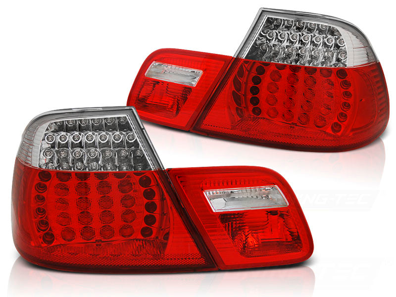 Baklykter LED Red White Sequential til BMW E46 Coupe 99-03 sett rett bakfra på hvit bakgrunn.