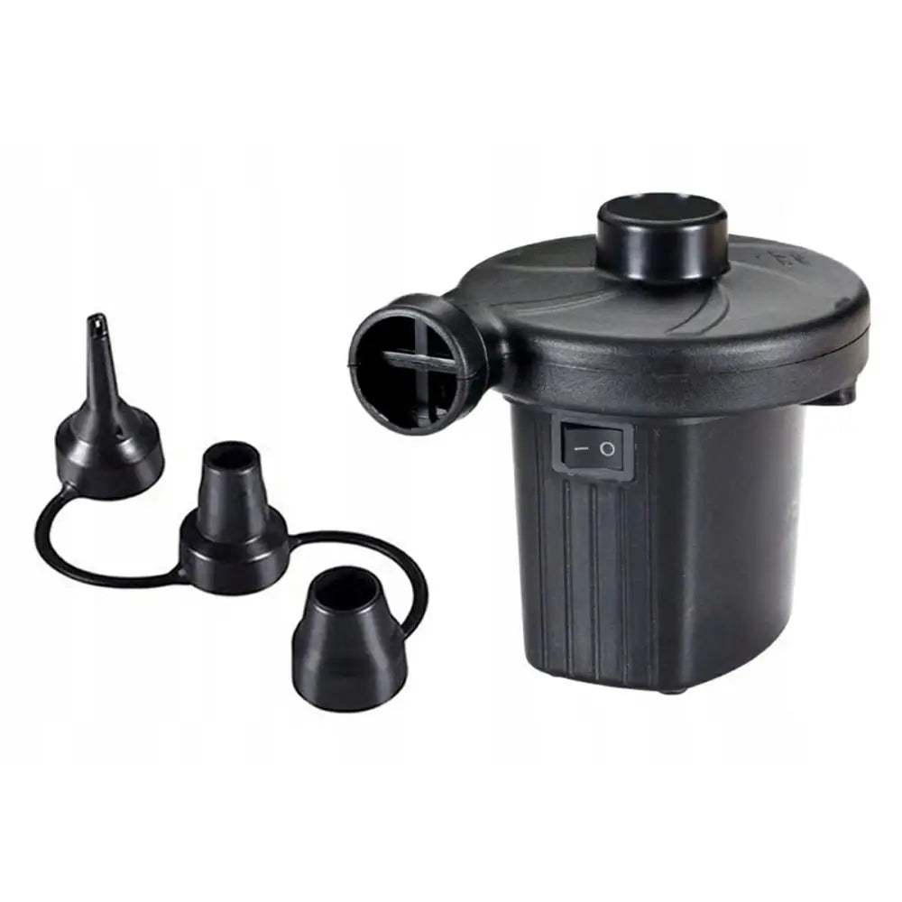 Elektrisk pumpe til madrasser i svart plast, sidevisning med tre munnstykker og synlig strømbryter.