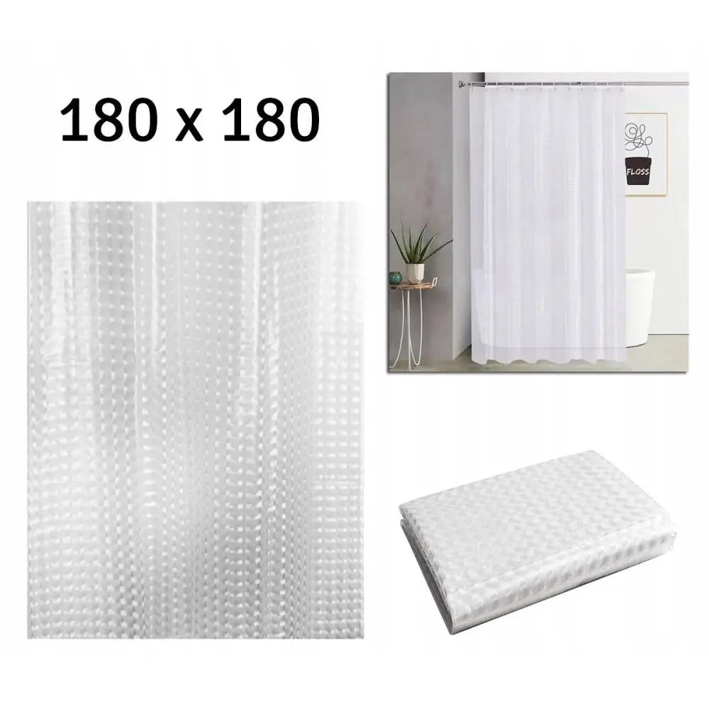 Dusjforheng i hvit plast, 180x180 cm, med diskret rutemønster, vist opphengt på baderom.