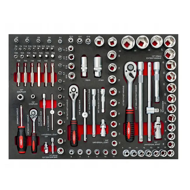 Airpress transportvogn, sort og rødt skuminnlegg med 217 krom pipenøkler og verktøy, oversiktsbilde.