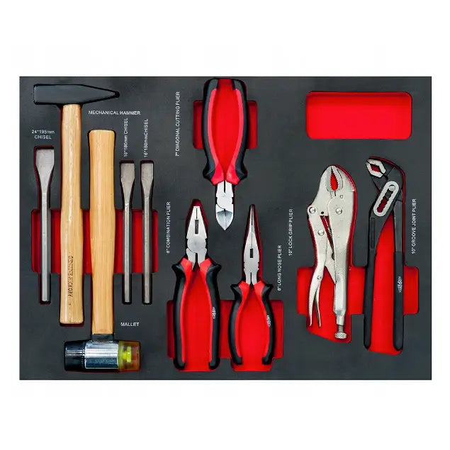 Airpress transportvogn verktøysett, sett ovenfra med hammere, meisler, tang og rørtang i sort skuminnlegg.