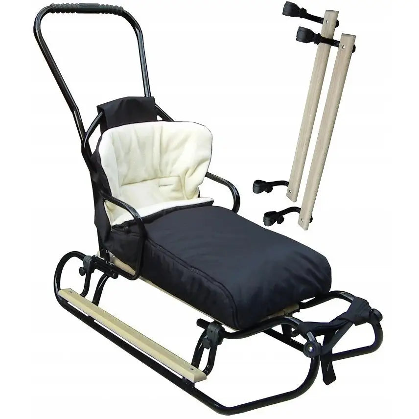 Akebrett med ryggstøtte, dyttestang og sovepose, sort og kremfarget med mykt sete og løse treplanker.