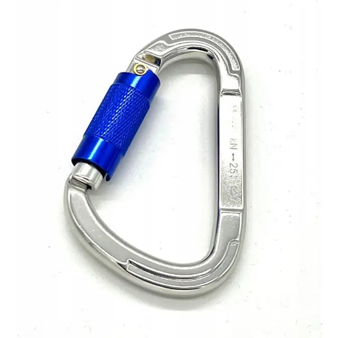 Sølvfarget karabinkrok med blå skrulås og rillemønster, detaljert visning fra toppen mot hvit bakgrunn.