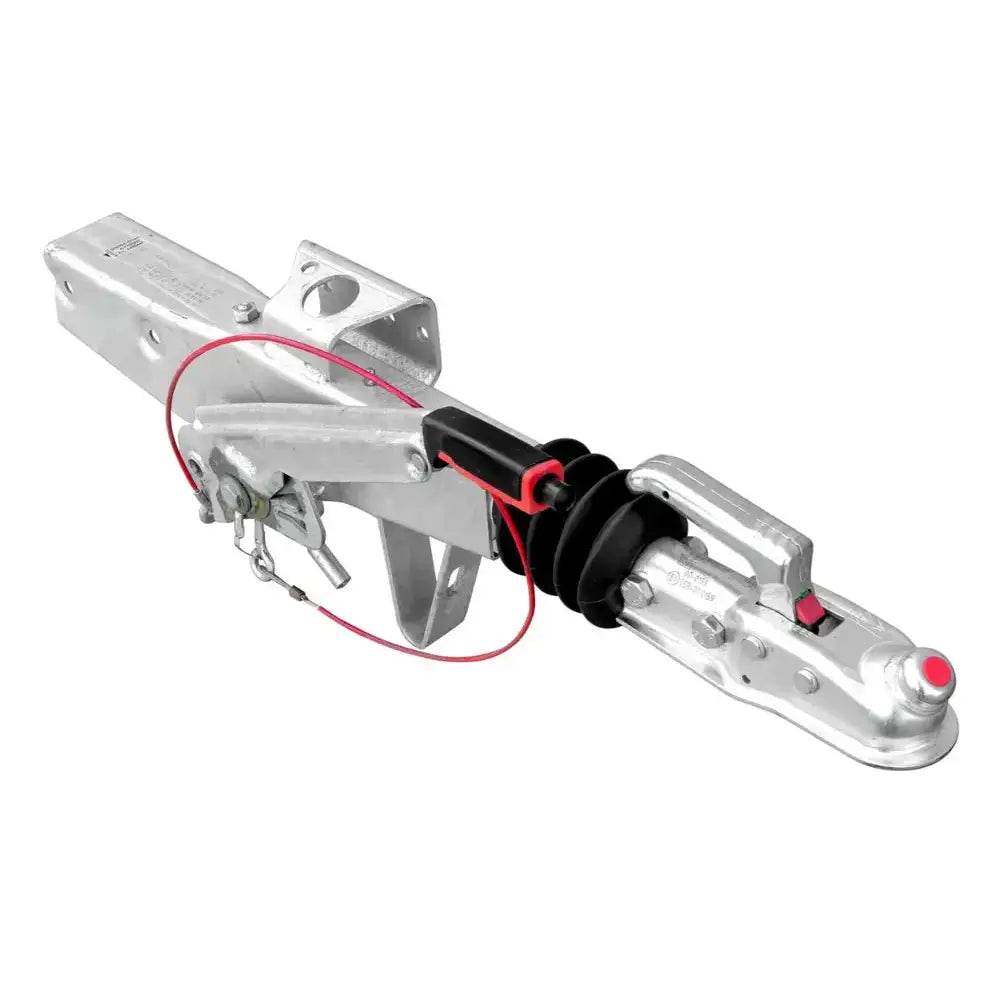 Påløpsbrems for tilhenger, skråvisning som fremhever håndtak, sikkerhetsvaier og synlige festehull.