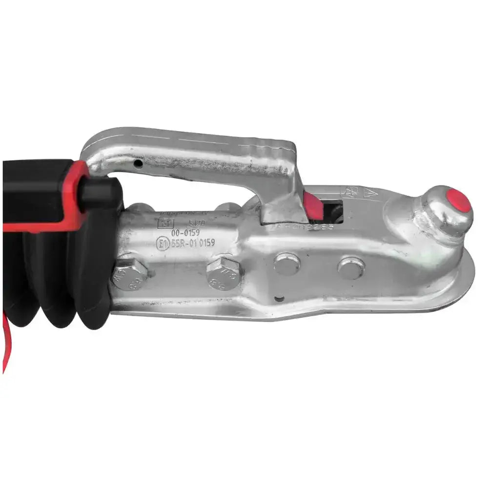 Påløpsbrems for tilhenger, sidevisning som fremhever sølvfarget overflate, røde markeringer og sorte deler.