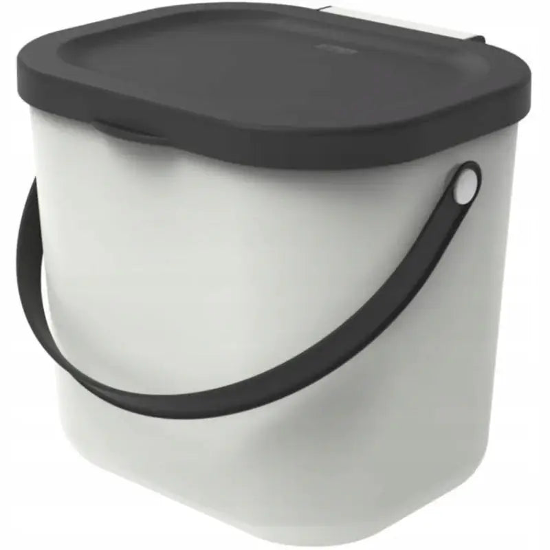 Albula beholder i lysgrå plast med sort lokk og bærehåndtak, moderne design med avrundede kanter.