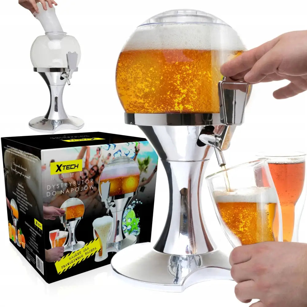 Alkoholdispenser tappetårn i glass og metall, sidevisning med hånd som tapper øl i glass, eske synlig til venstre.