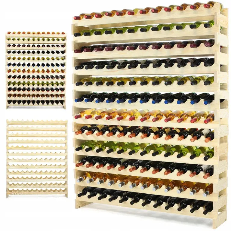 Alkoholholder skap vinhylle i lyst tre, skrå vinkel, flasker i flere farger, tom og fylt vises til venstre.