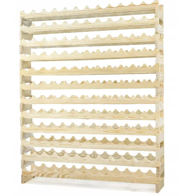 Vinreol i lyst treverk, frontvisning med ti buede hyller for 144 flasker, modulær og minimalistisk design.