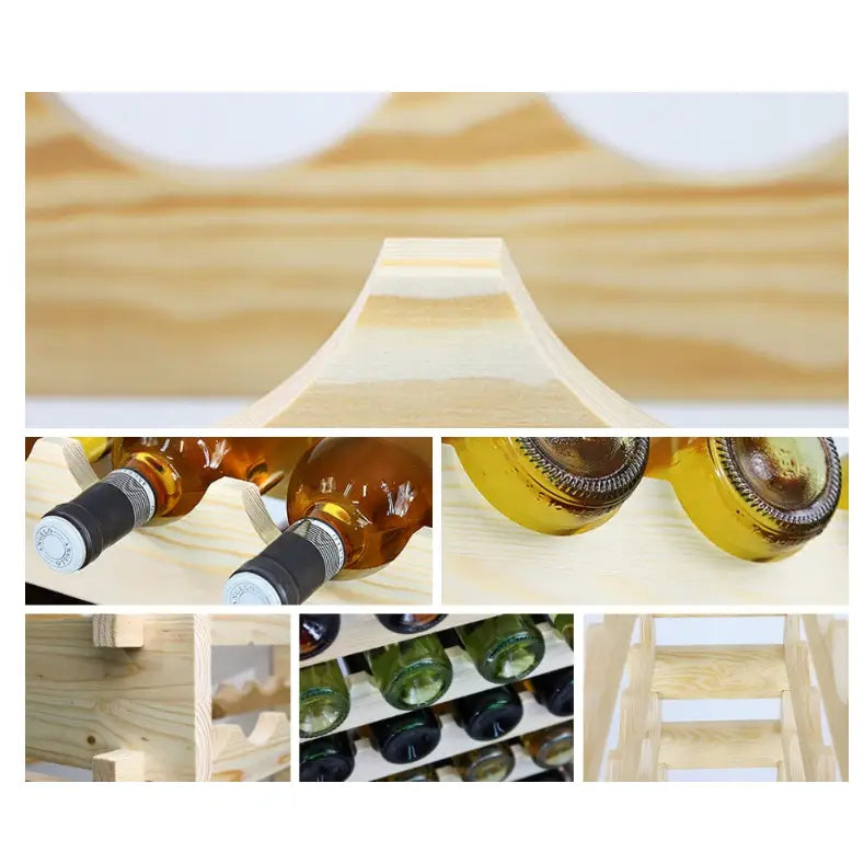 Alkoholholder skap vinhylle i lyst tre, kurvede utsparinger og flasker liggende på hyllene.