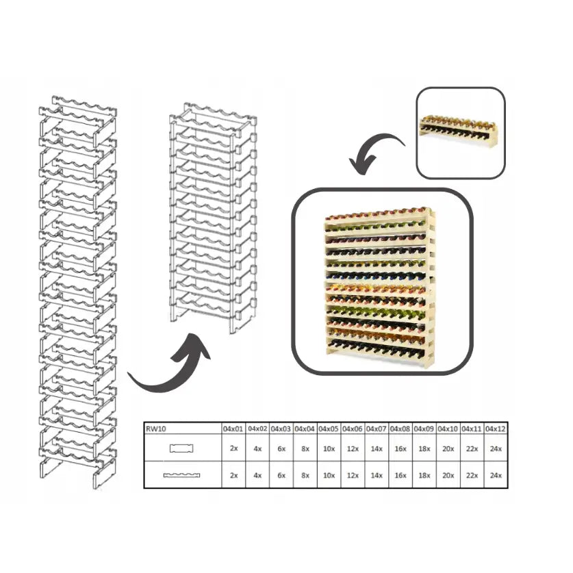 Alkoholholder skap vinhylle, illustrasjon av høy tre-reol fylt med flasker og tabell for delmengder nederst.