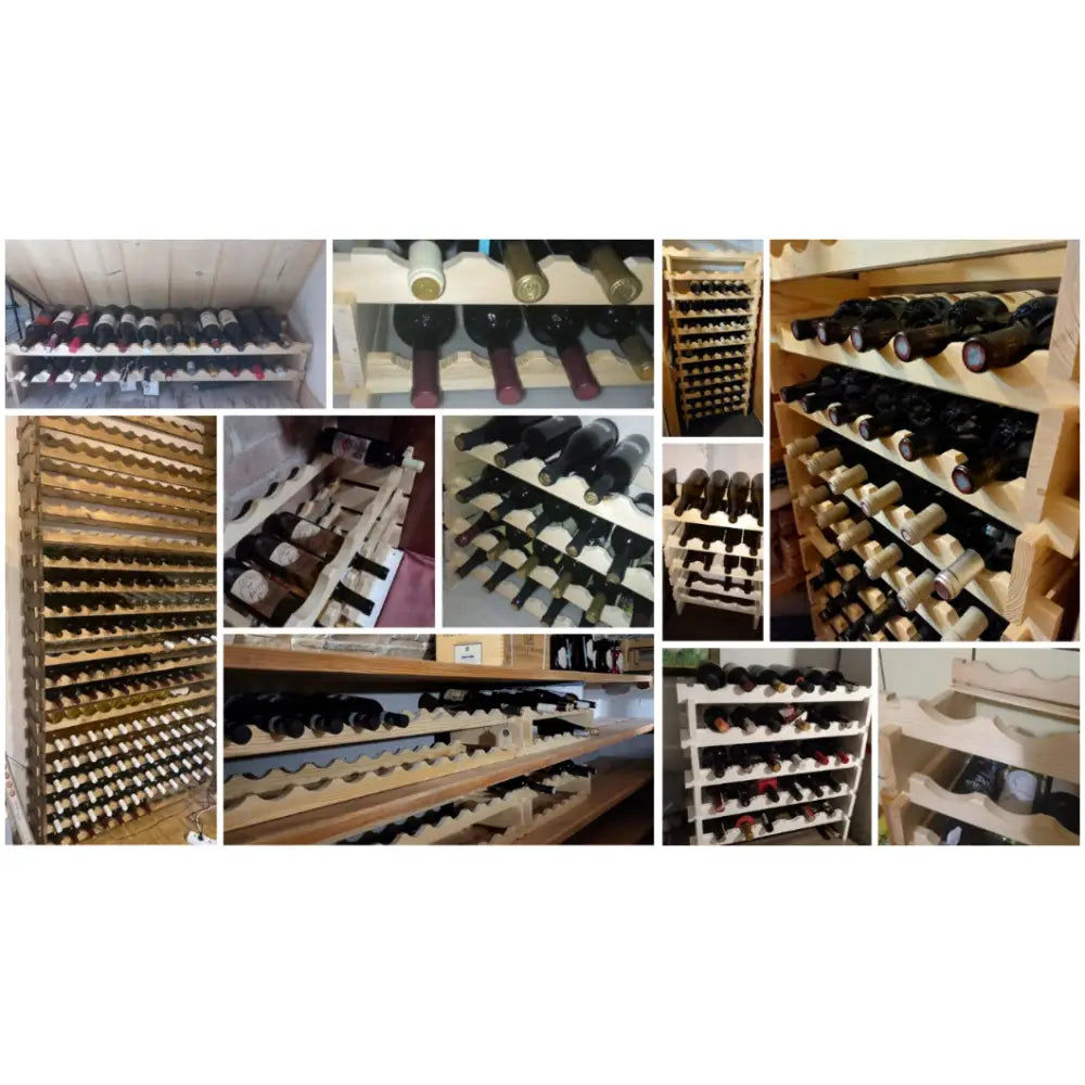 Modulær vinhylle i lyst tre, fullt utstyrt med vinflasker, viser fleksibel lagring i vinkjeller.