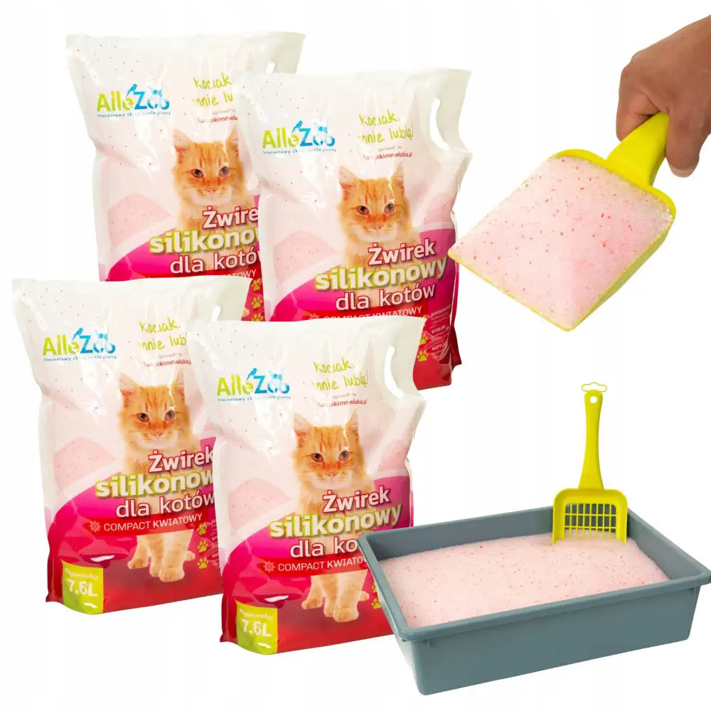 Allezoo Silikonkattesand Fint Blomsterduft, fire poser i rosa emballasje ved siden av grått kattetoalett og gul grusspade.