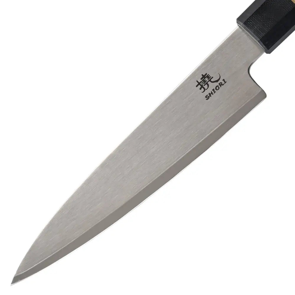 Kniv Shiori Nubari Murō, detaljert sidevisning av ZDP-189 stålblad med japansk gravering og sort håndtak.