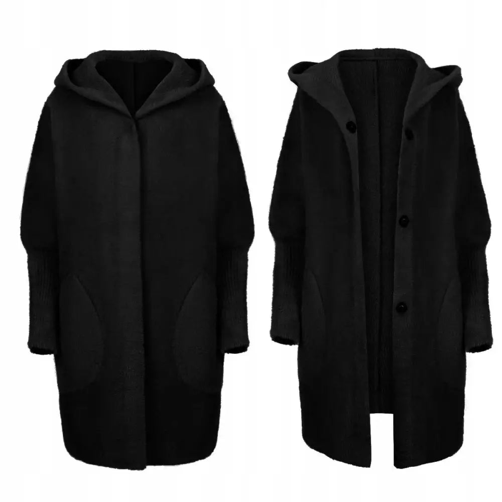 Alpakka Frakk Jakke med Hette Ull Forskjellige Farger - Sort