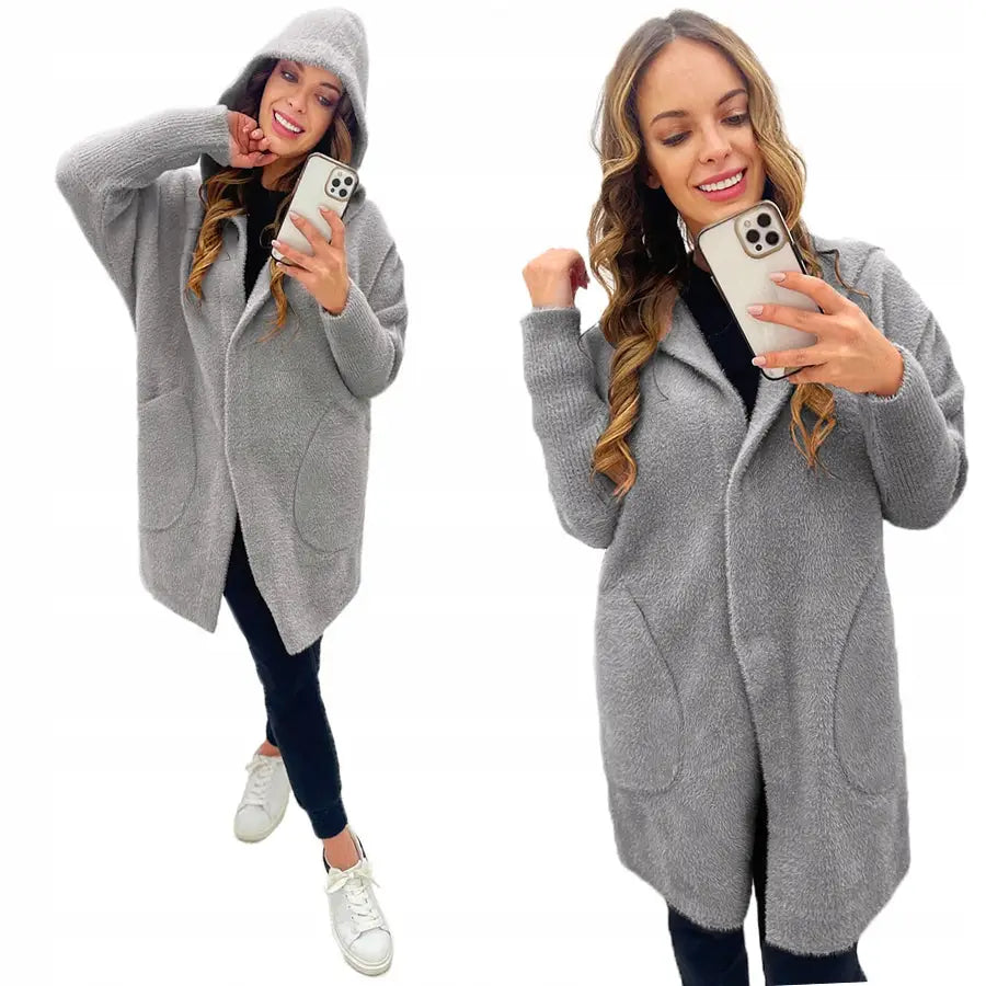 Alpakka Frakk med Hette Jakke Ull Alpakka Farger - Grå