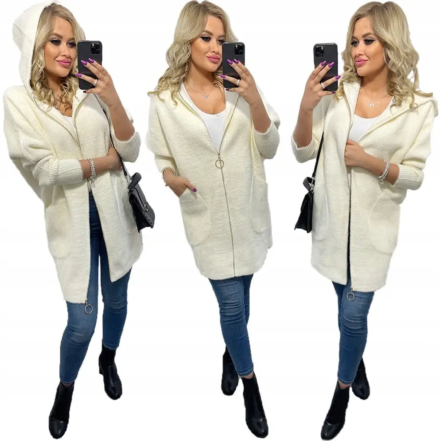 Alpakka Glidelås Frakk Ull Farger Oversize Lang - Hvit