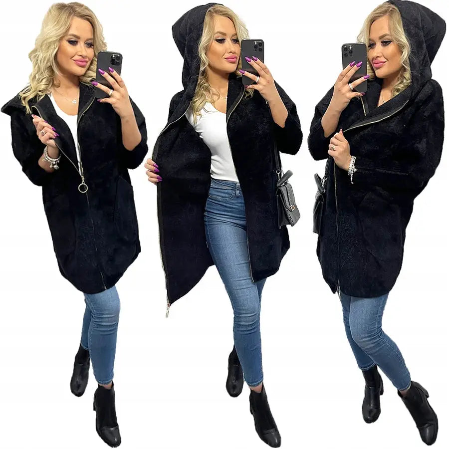 Alpakka Glidelås Kåpe Ull Farger Oversize Lang - Svart