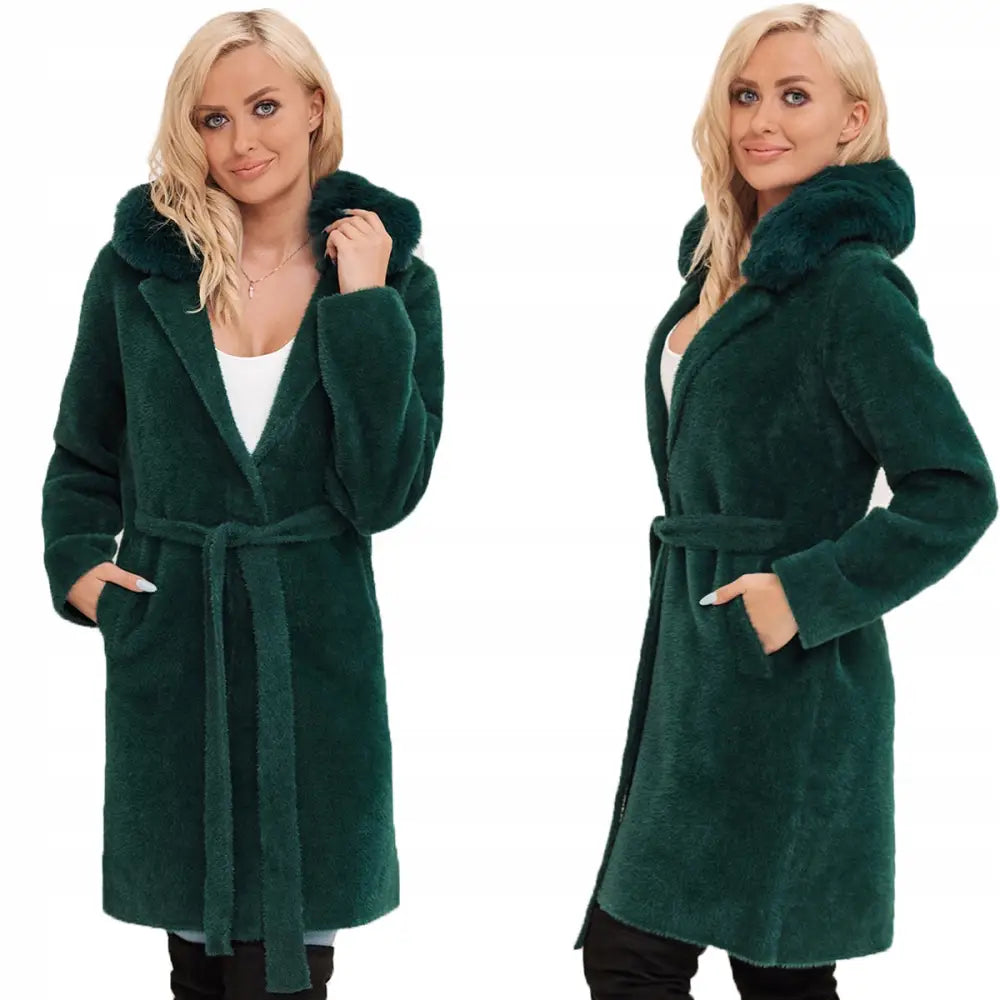 Alpakka med Fôr Varm Kåpe med Belte Farger - Grønn