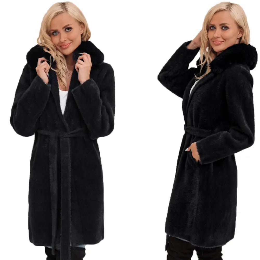 Alpakka med Fôr Varm Kåpe med Belte Farger - Svart