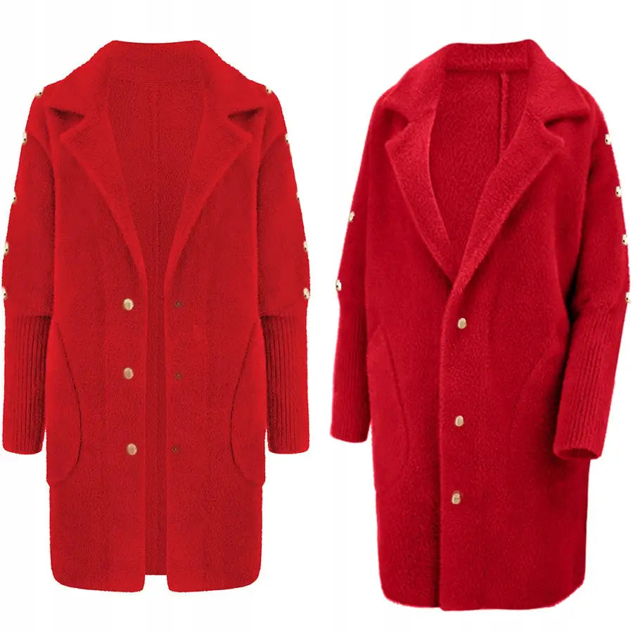 Alpakka med Knapper Varm Ullkappe Kast - Rød