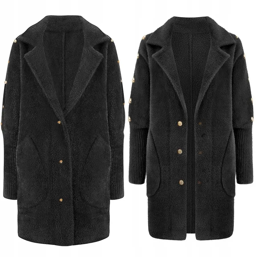 Alpakka med Knapper Varm Ullkappe Kast - Svart