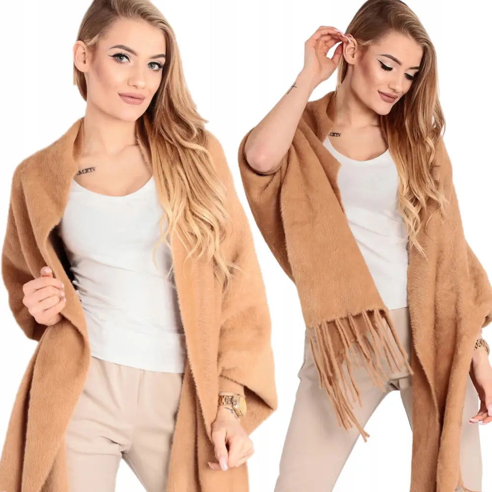 Alpakka Poncho Sjal Kast Natur Kamel 2027