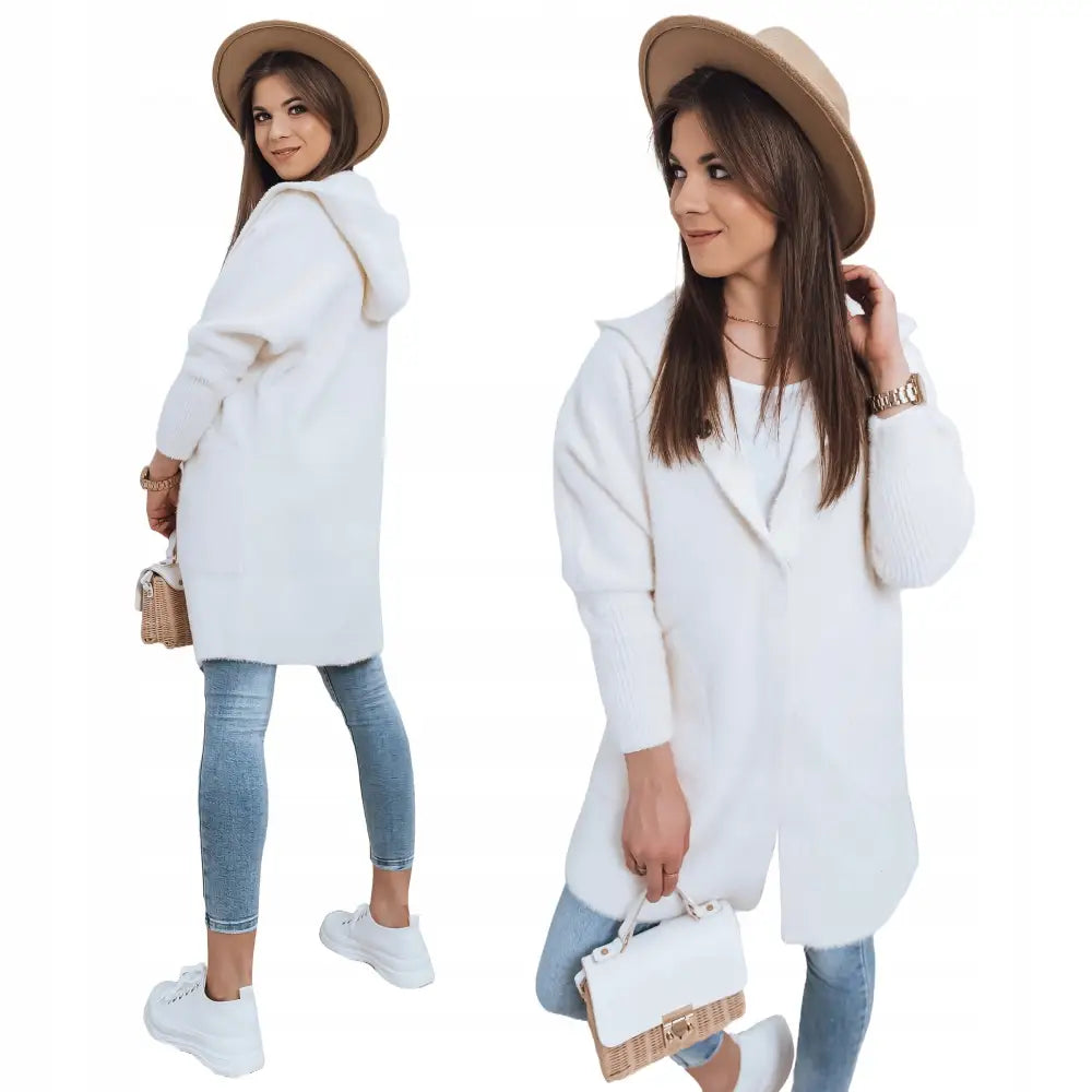 Alpakka Varm Damefrakk Jakke med Hette - Hvit