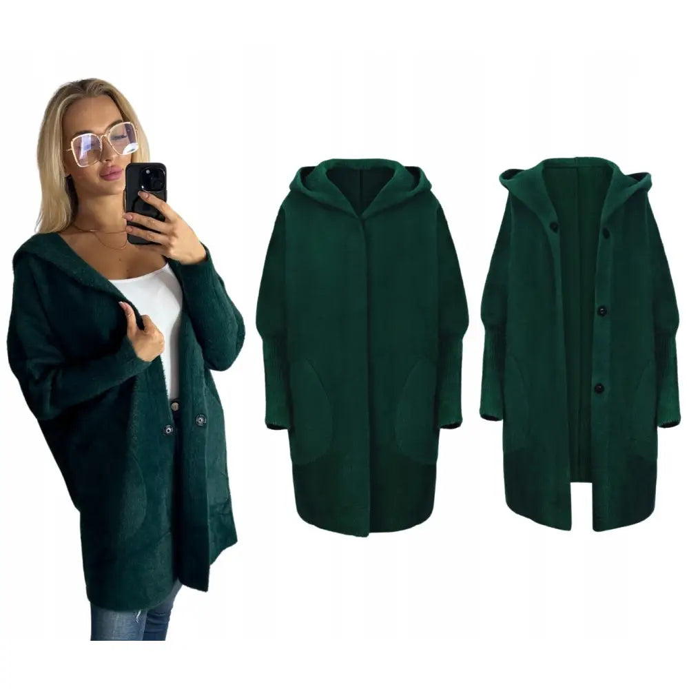 Alpakka Varm Frakk Jakke med Hette Flaskegrønn