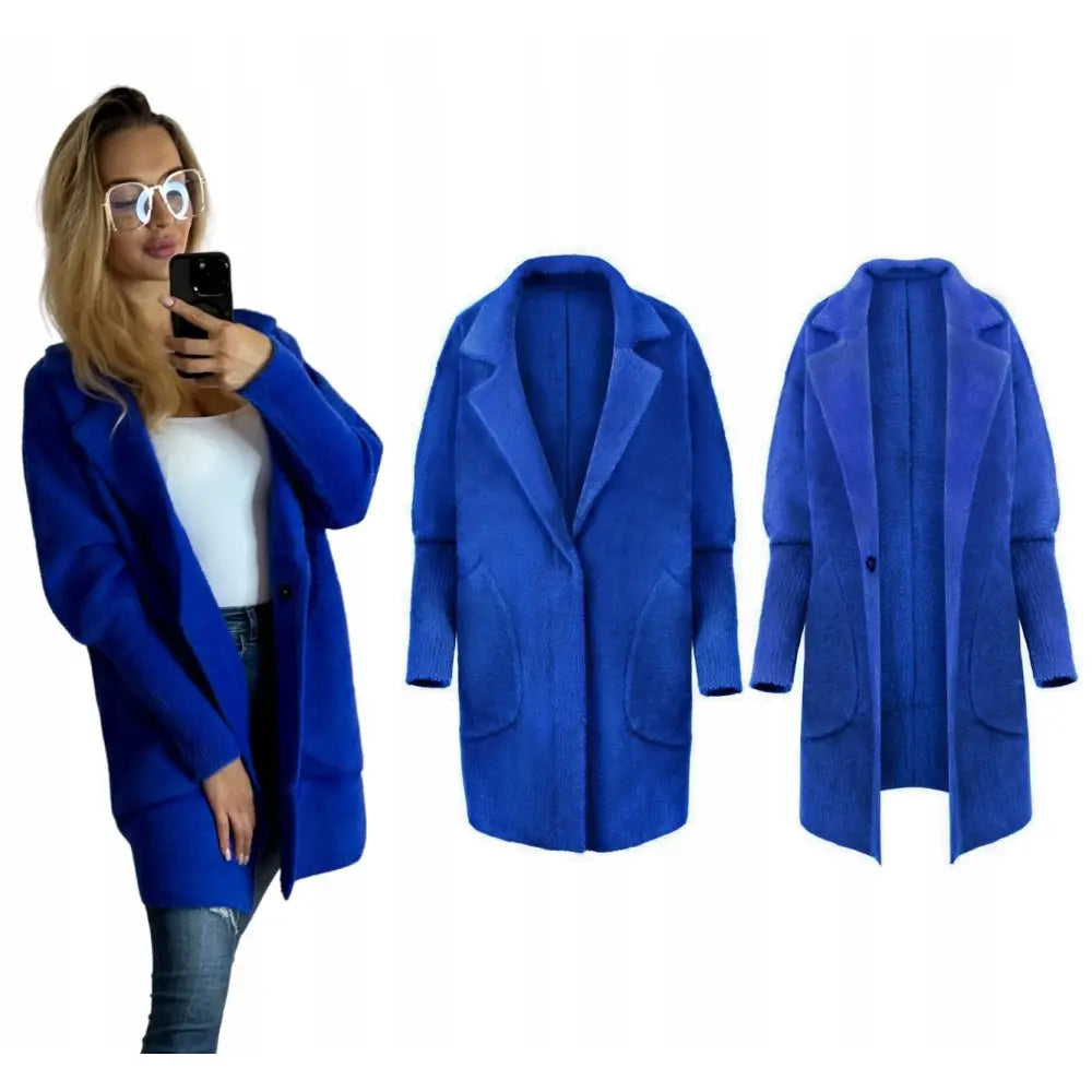 Alpakka Varm Frakk Jakke Ull Krage Kornblomstblå