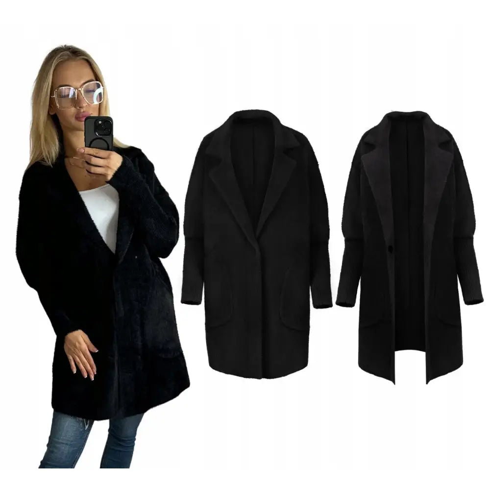 Alpakka Varm Frakk Jakke Ull Svart Krage