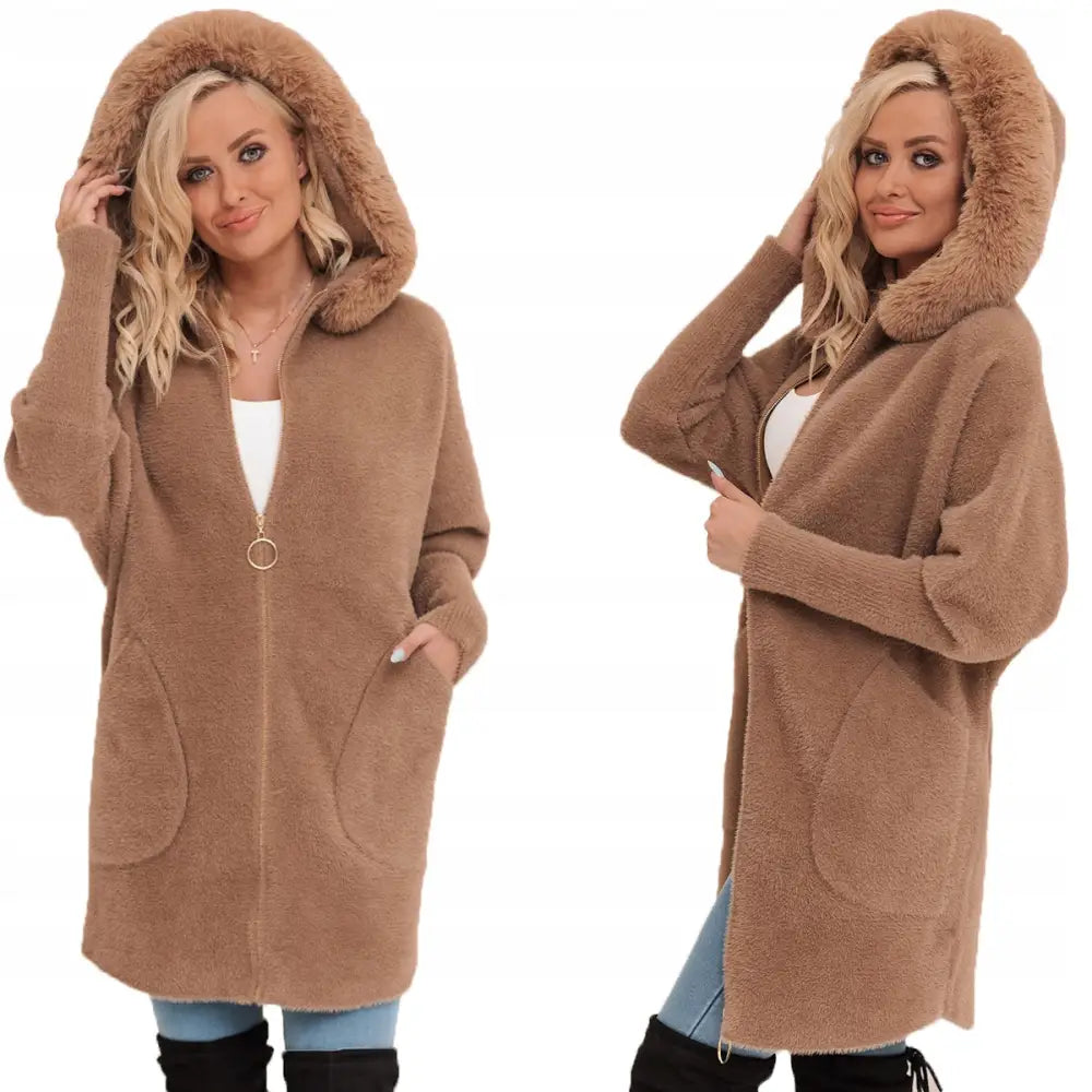 Alpakkafrakk med Fuskepels og Glidelås i Ull - Varm - Brun v