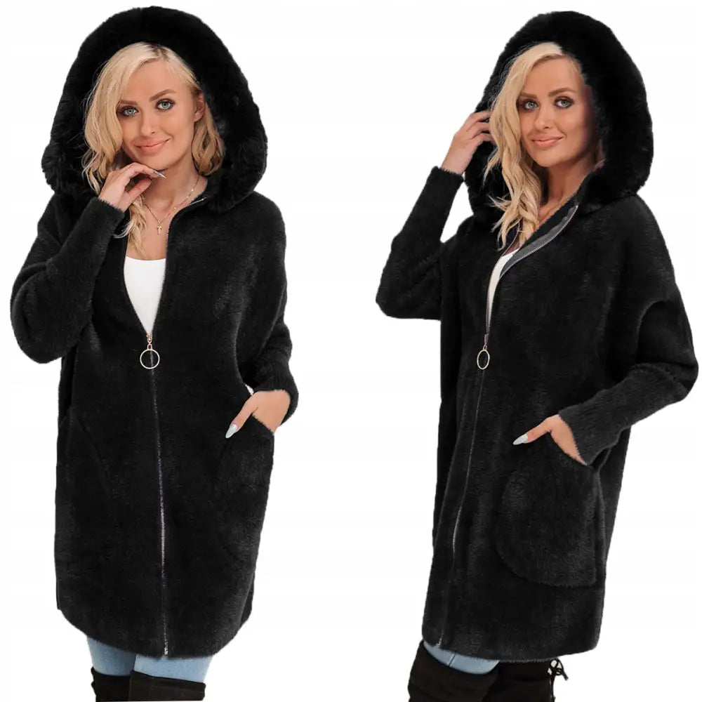 Alpakkafrakk med Fuskepels og Glidelås i Ull - Varm - Svart