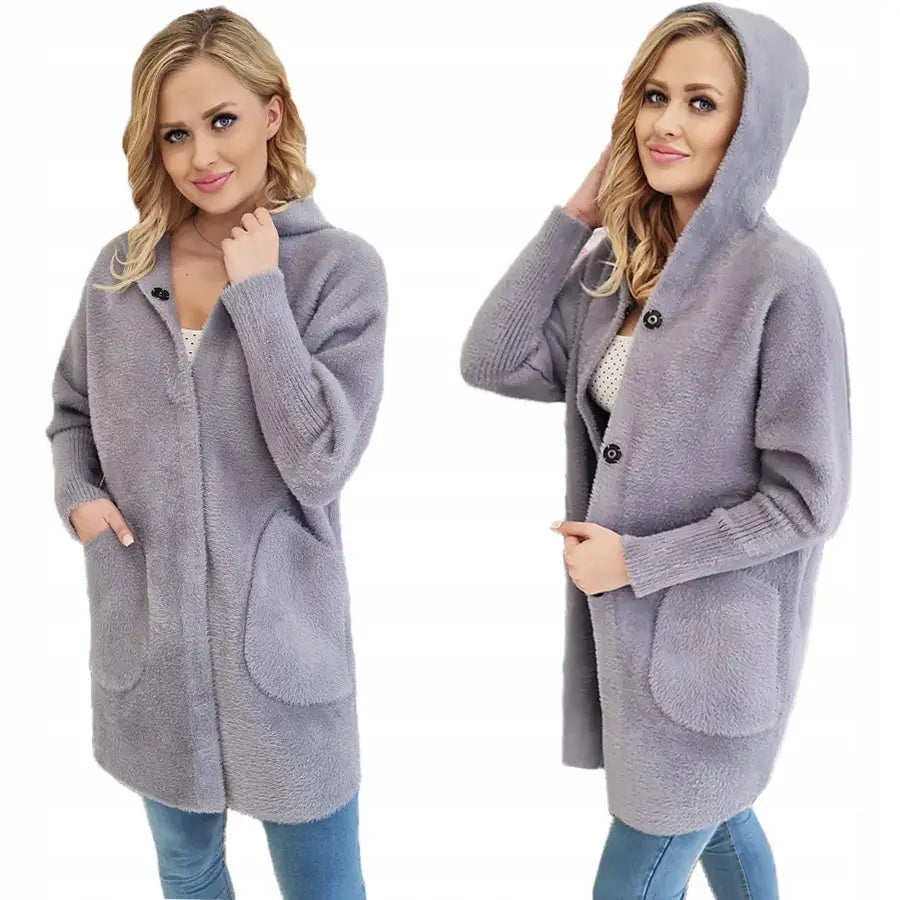 Alpakkafrakk med Hette Jakke Ull Farger Oversize - Grå