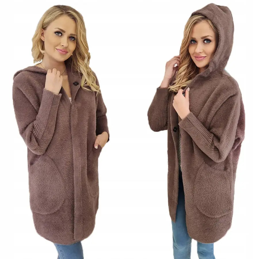 Alpakkafrakk med Hette Ulljakke Farger Oversize - Brun