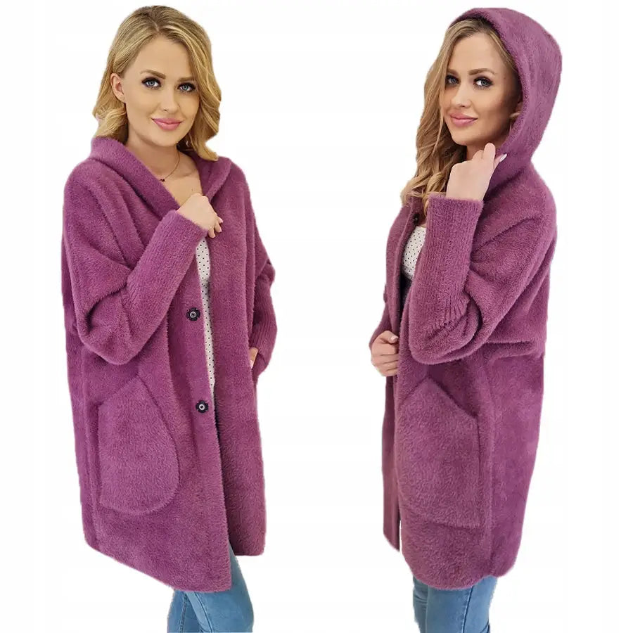 Alpakkafrakk med Hette Ulljakke Farger Oversize - Lilla