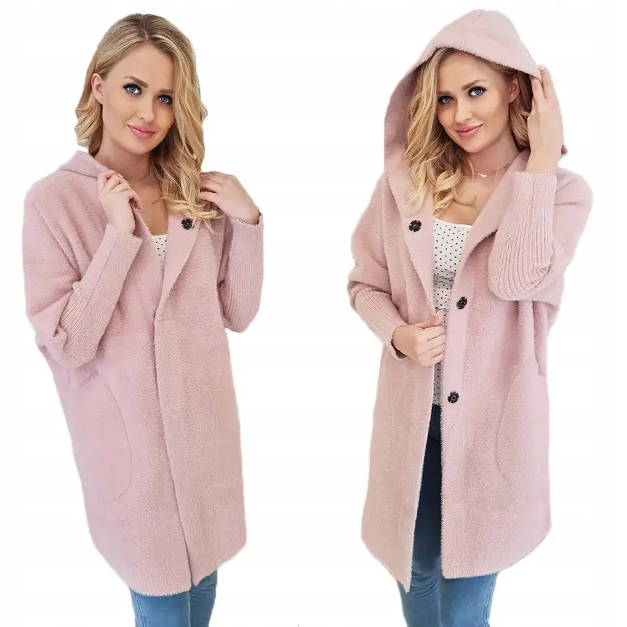 Alpakkafrakk med Hette Ulljakke Farger Oversize - Rosa
