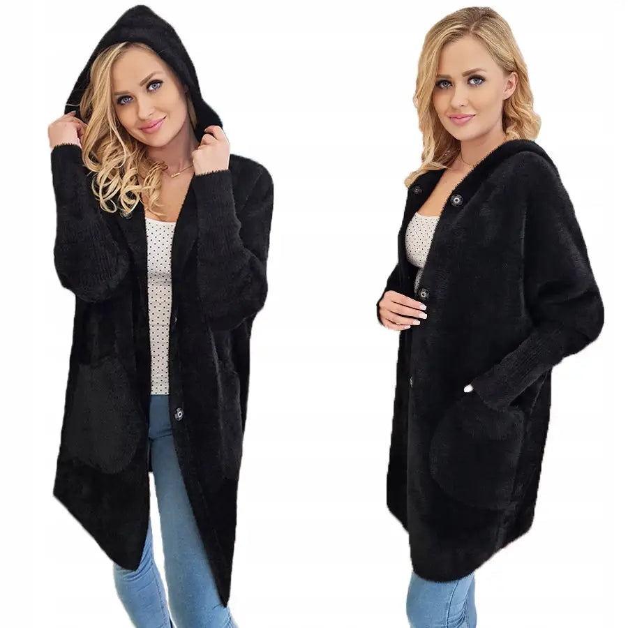 Alpakkafrakk med Hette Ulljakke Forskjellige Farger Oversize - Svart