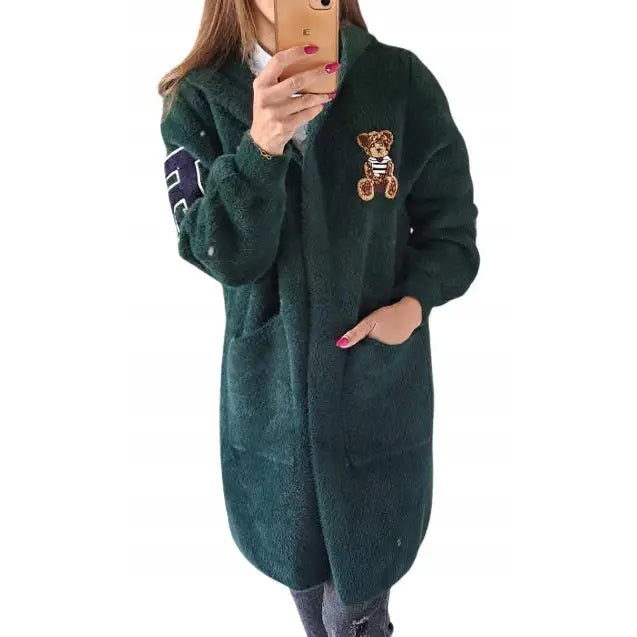 Alpakkafrakk med Teddybjørn Hette Lang Ull