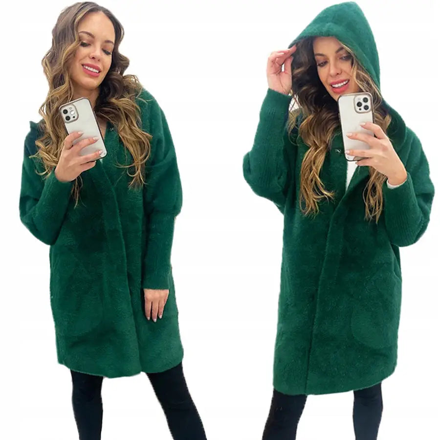 Alpakkas Frakk med Hette Jakke Alpakkaull Farger - Grønn